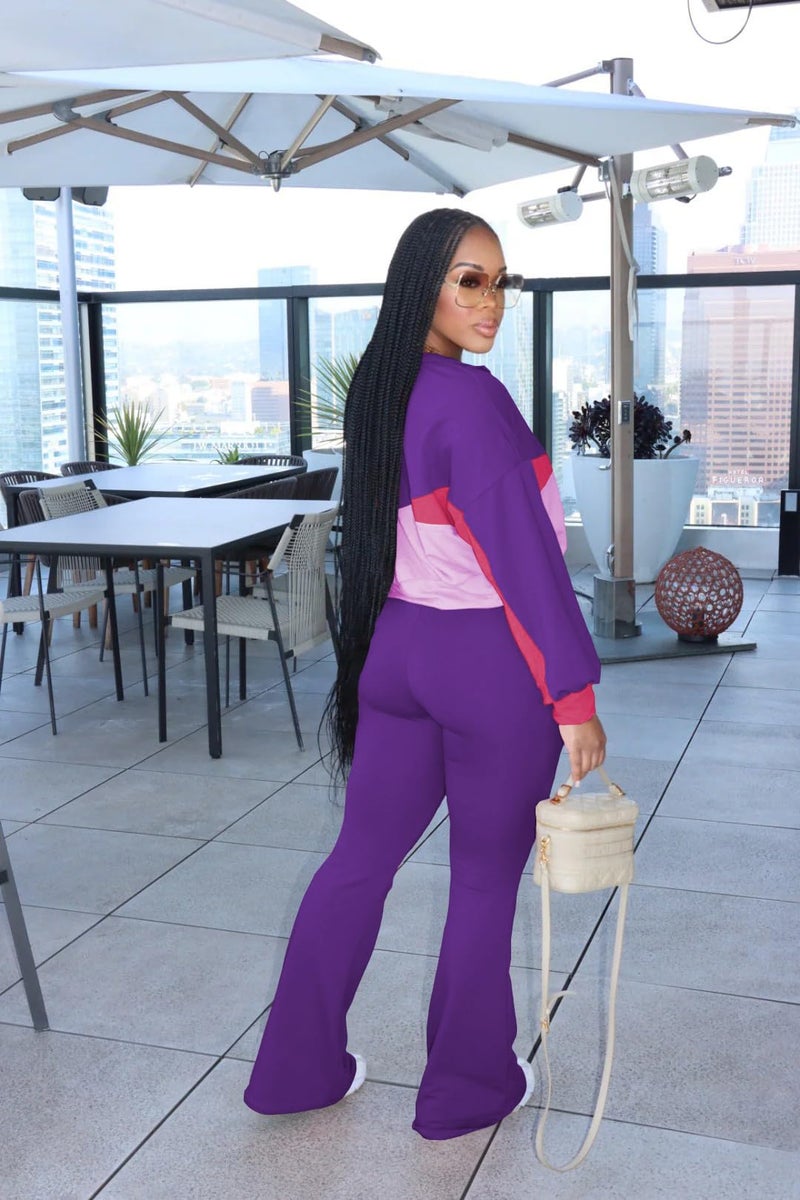 HBQ Women's Color Block 2 Piece Tracksuit Sets Long Sleeve Zip Up Crop Jacket and Flare Pants Casual Y2K Outfit-Dark Purple-S - Image 4