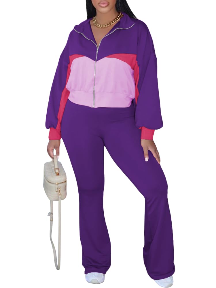 HBQ Women's Color Block 2 Piece Tracksuit Sets Long Sleeve Zip Up Crop Jacket and Flare Pants Casual Y2K Outfit-Dark Purple-S - Image 1