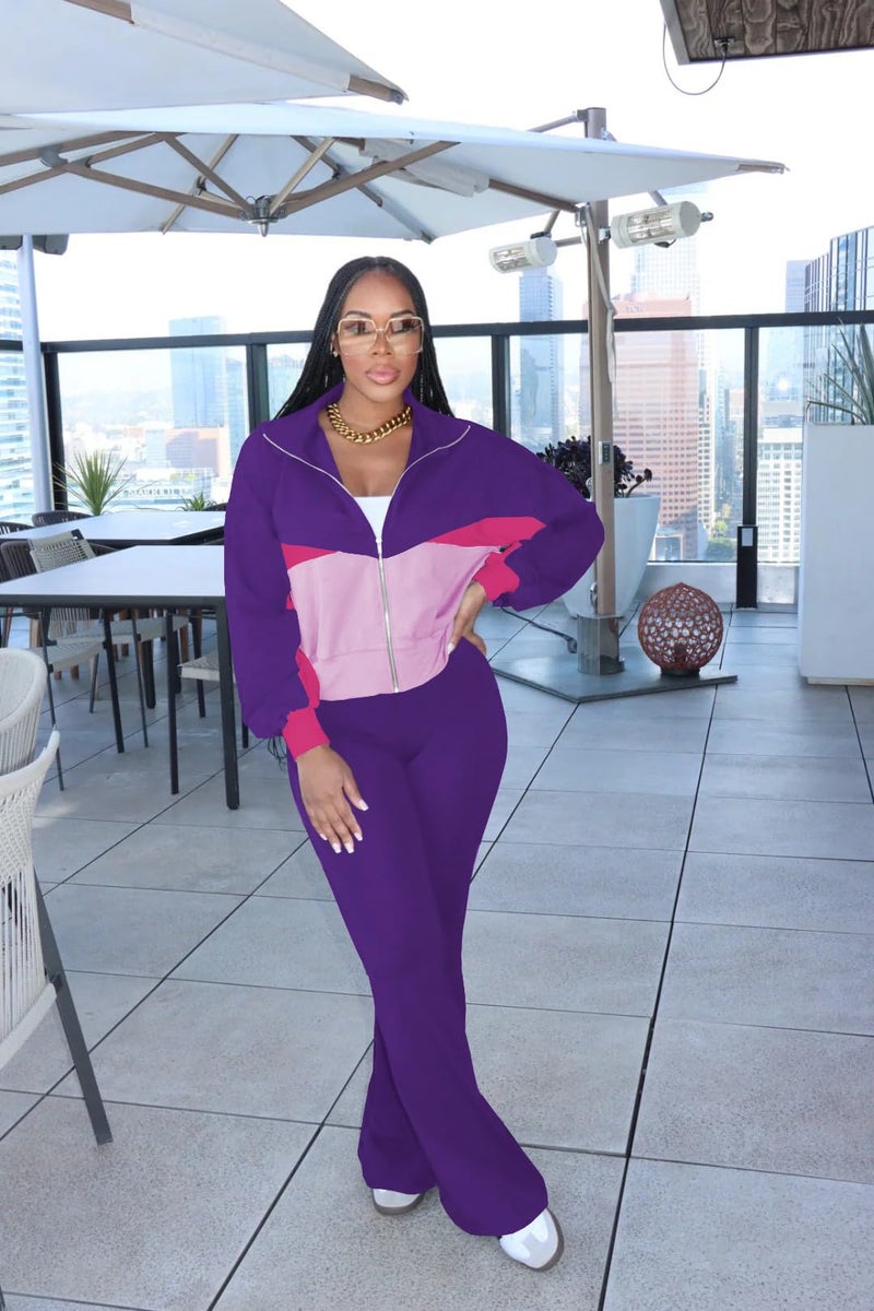 HBQ Women's Color Block 2 Piece Tracksuit Sets Long Sleeve Zip Up Crop Jacket and Flare Pants Casual Y2K Outfit-Dark Purple-S - Image 2