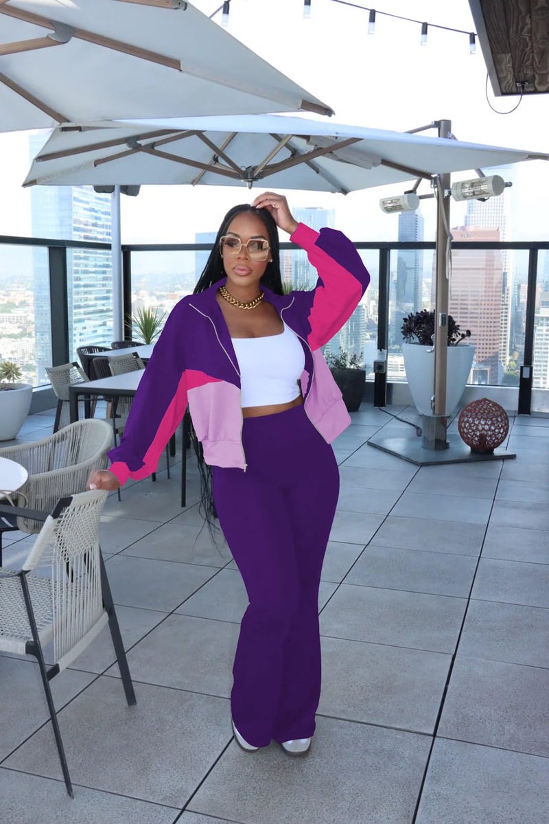 HBQ Women's Color Block 2 Piece Tracksuit Sets Long Sleeve Zip Up Crop Jacket and Flare Pants Casual Y2K Outfit-Dark Purple-S - Image 5