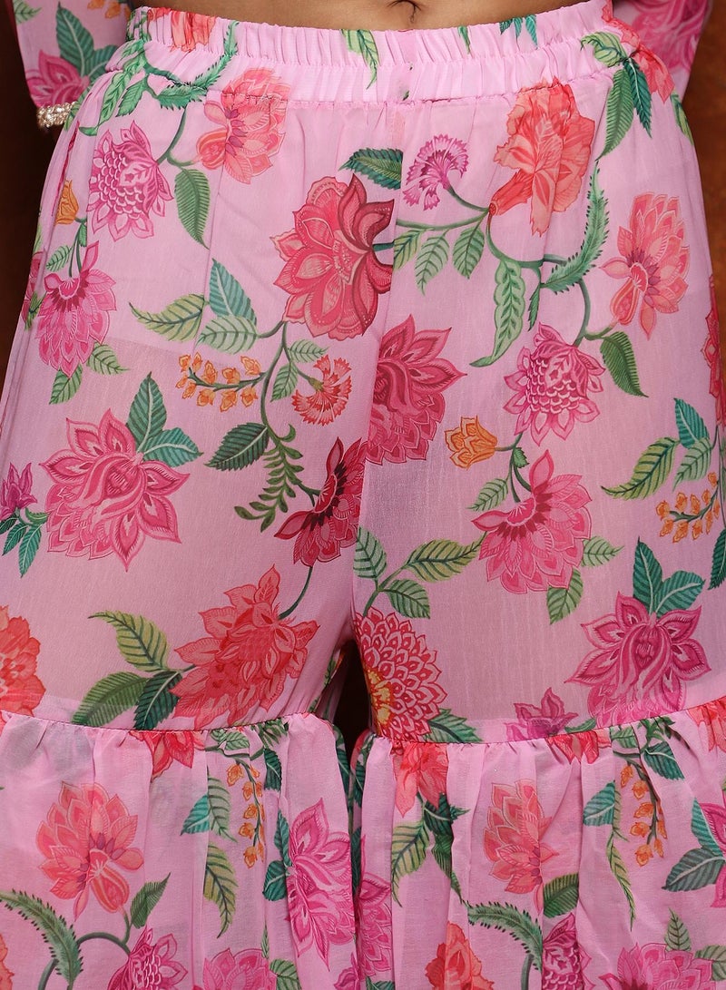 Women's Baby Pink Floral Kurti And Sharara Set