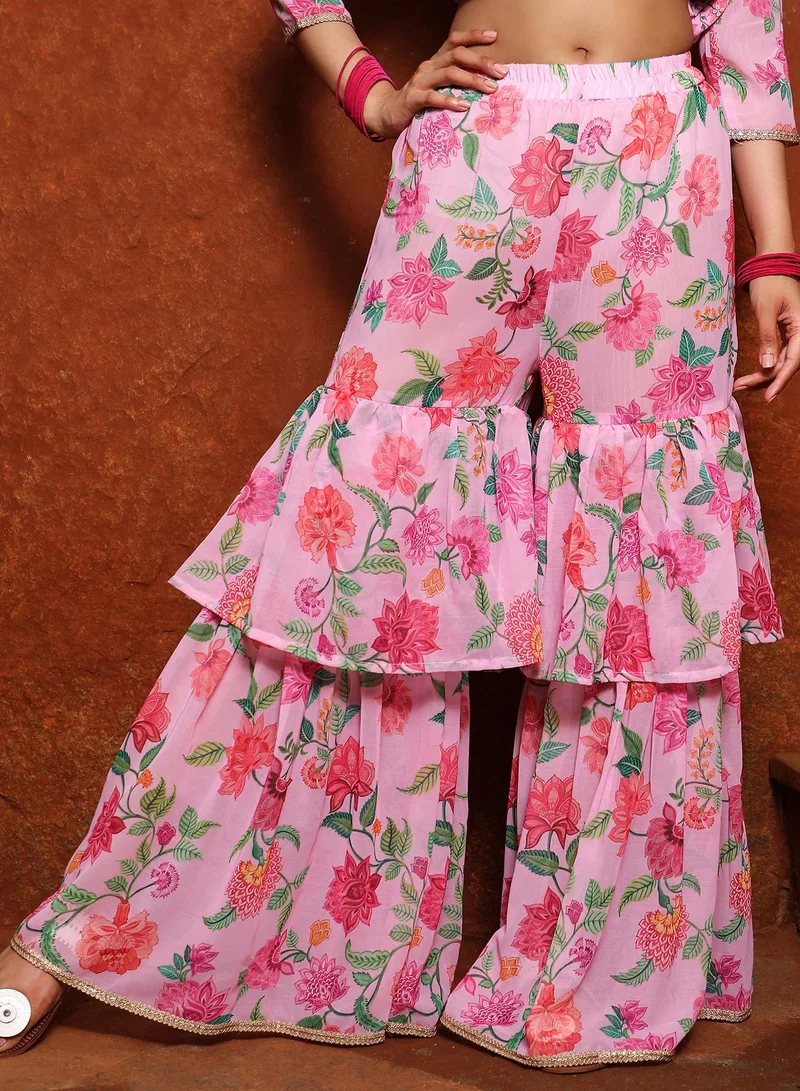 QISSA Women's Baby Pink Floral Kurti And Sharara Set