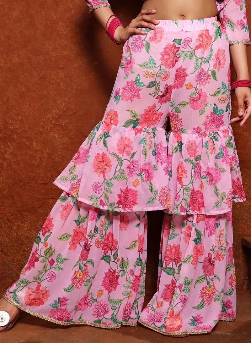 Women's Baby Pink Floral Kurti And Sharara Set