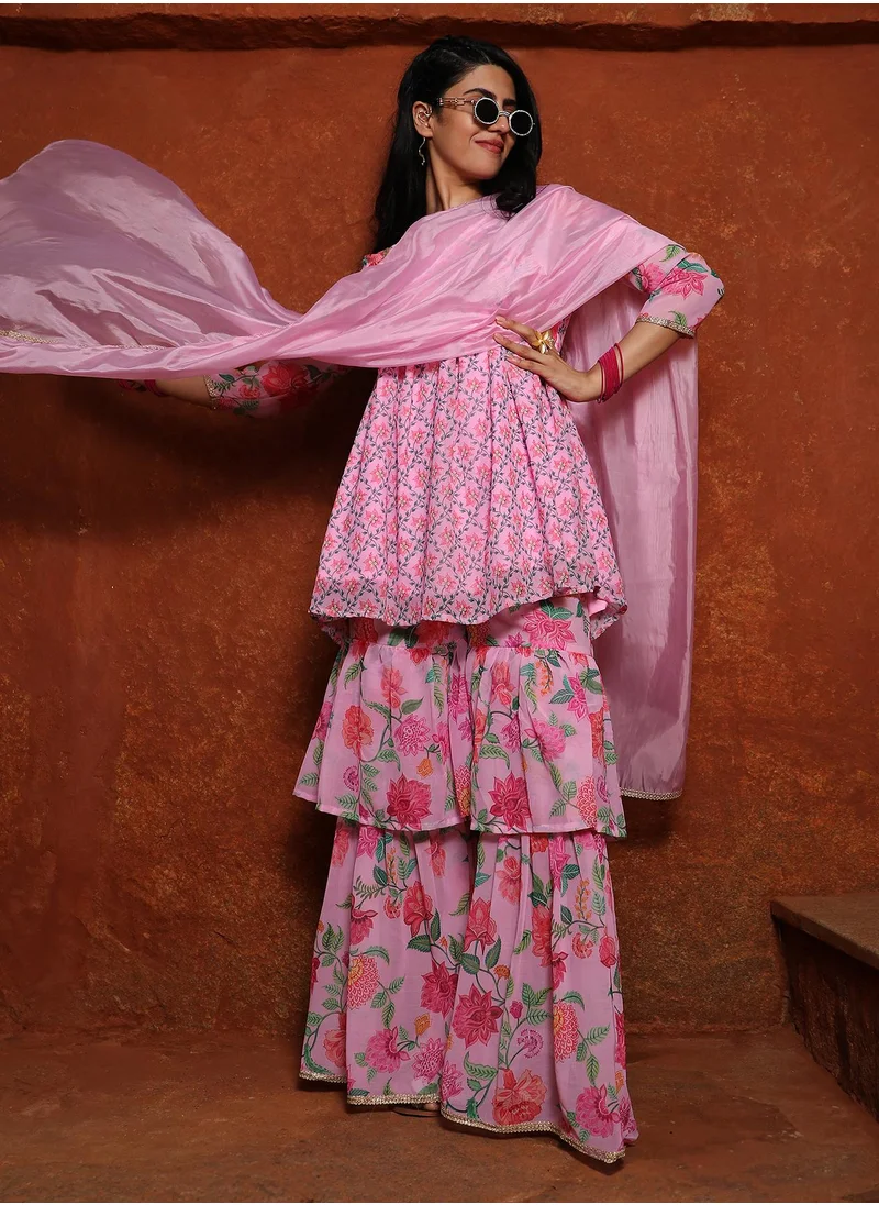  قصة Women's Baby Pink Floral Kurti And Sharara Set