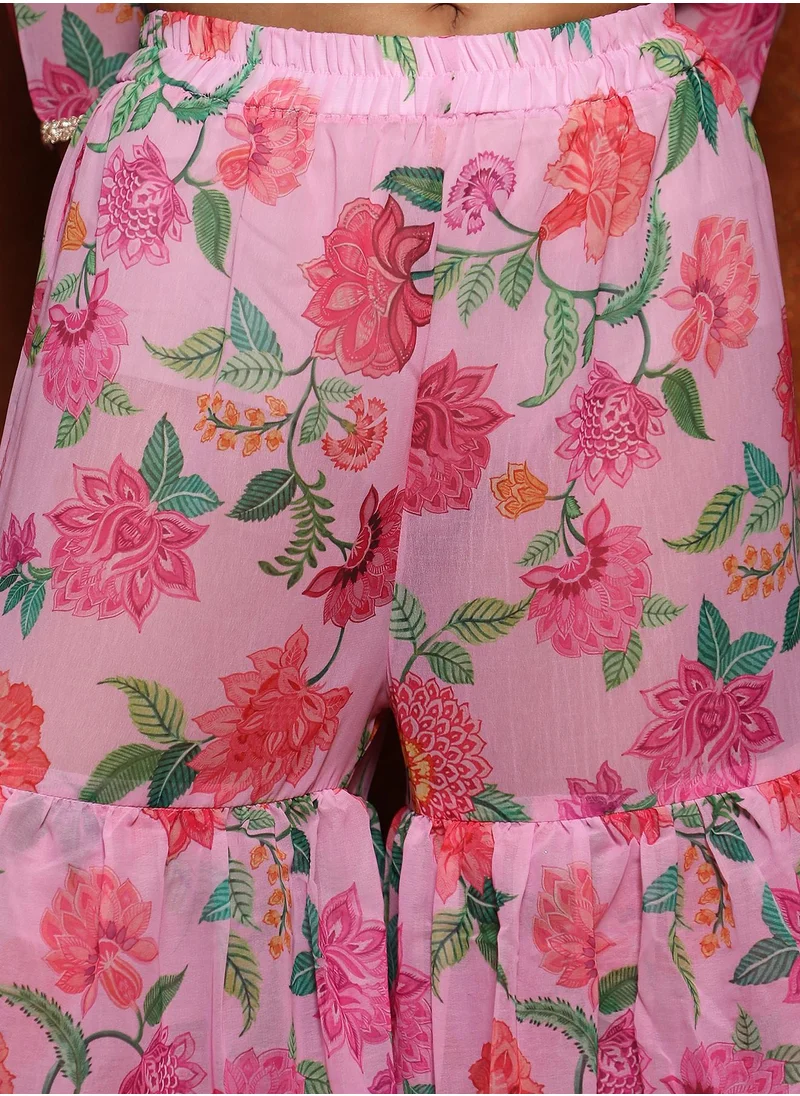 QISSA Women's Baby Pink Floral Kurti And Sharara Set