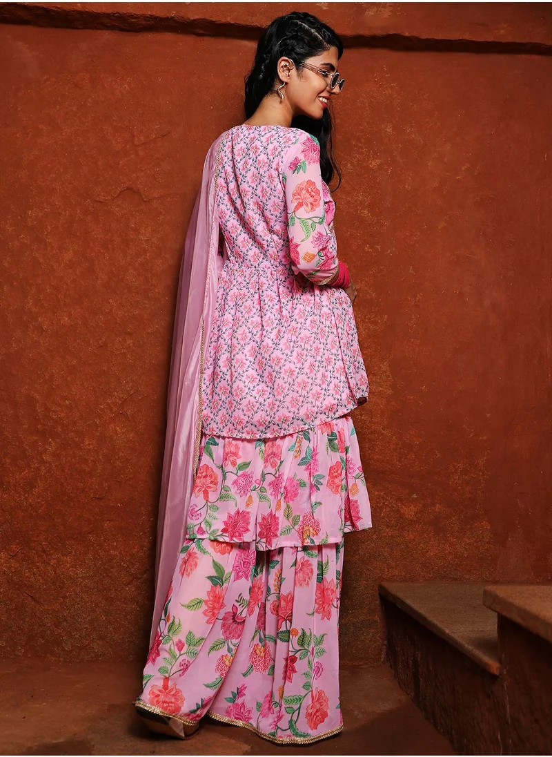 QISSA Women's Baby Pink Floral Kurti And Sharara Set