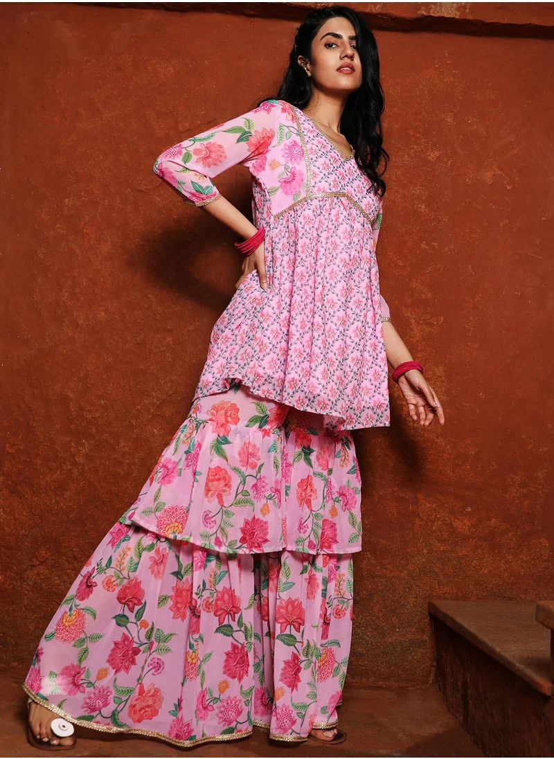 QISSA Women's Baby Pink Floral Kurti And Sharara Set