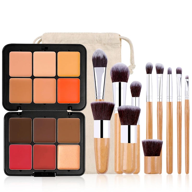 RoseFlower 12 Colors Makeup Palette, Foundation Contour Palette, Bronzing Eyeshadow, Make-up Blending Palettes with 10 Makeup Brushes, Full Starter Makeup Kit for Women Beginners Smooth Long Lasting