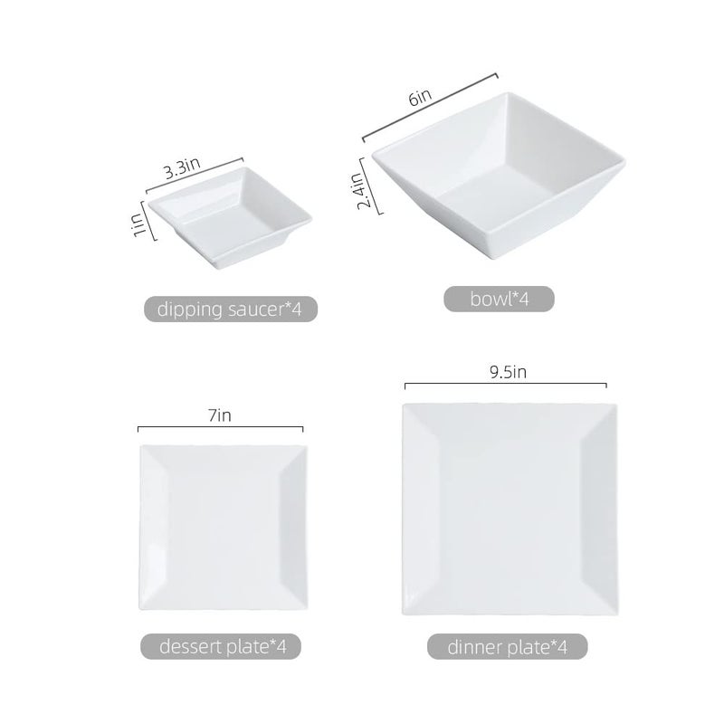 Porlien 16-Piece Classic Square Dinnerware Set for 4-Square Dinner Plates, Dessert Plates, Bowls & Dipping Saucers, Off White Dishes for 4 - Image 2