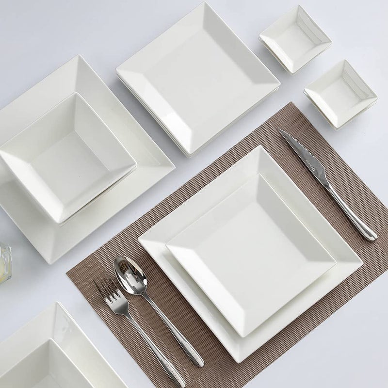 Porlien 16-Piece Classic Square Dinnerware Set for 4-Square Dinner Plates, Dessert Plates, Bowls & Dipping Saucers, Off White Dishes for 4 - Image 4