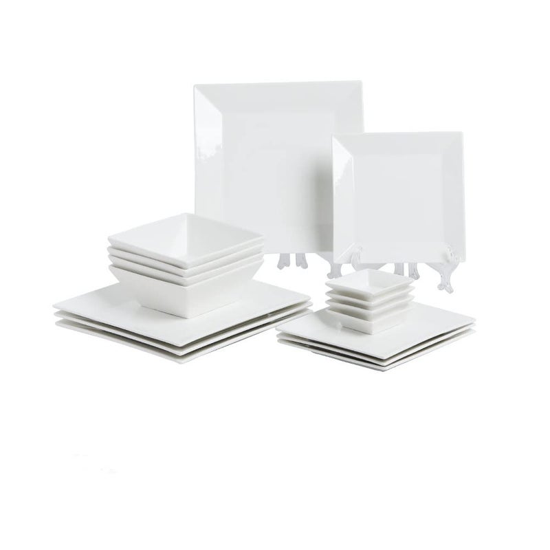 Porlien 16-Piece Classic Square Dinnerware Set for 4-Square Dinner Plates, Dessert Plates, Bowls & Dipping Saucers, Off White Dishes for 4 - Image 1