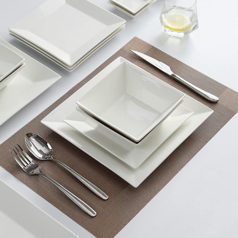 Porlien 16-Piece Classic Square Dinnerware Set for 4-Square Dinner Plates, Dessert Plates, Bowls & Dipping Saucers, Off White Dishes for 4 - Image 3