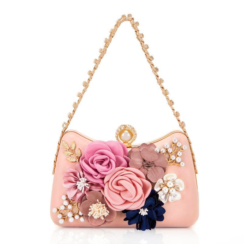 Milisente Clutch Purses For Women Unique Floral Pearl Evening Bag With Crystal Top Handle For Formal Wedding Dressy(F Pink) - Image 1