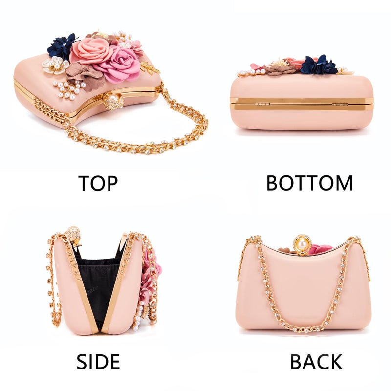Milisente Clutch Purses For Women Unique Floral Pearl Evening Bag With Crystal Top Handle For Formal Wedding Dressy(F Pink) - Image 2