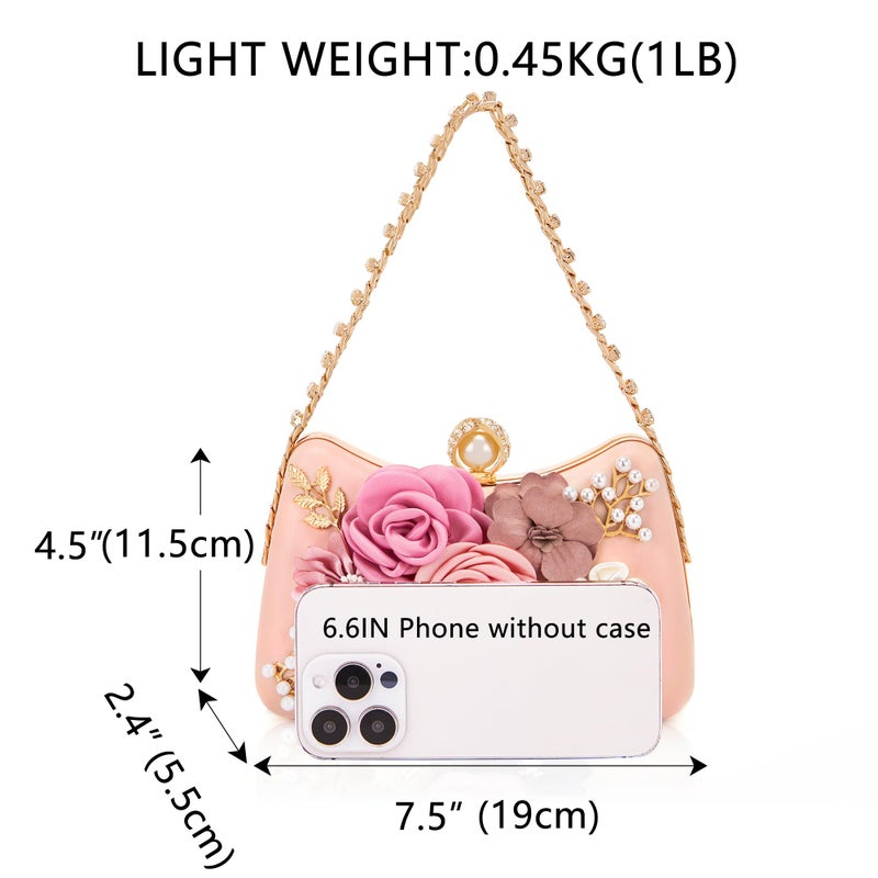 Milisente Clutch Purses For Women Unique Floral Pearl Evening Bag With Crystal Top Handle For Formal Wedding Dressy(F Pink) - Image 3