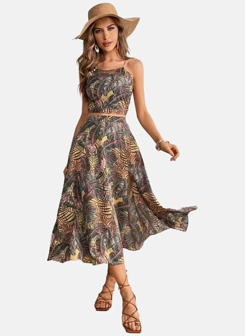 YUNIQEE Brown Flared Printed Boat Neck Sleeveless Dress
