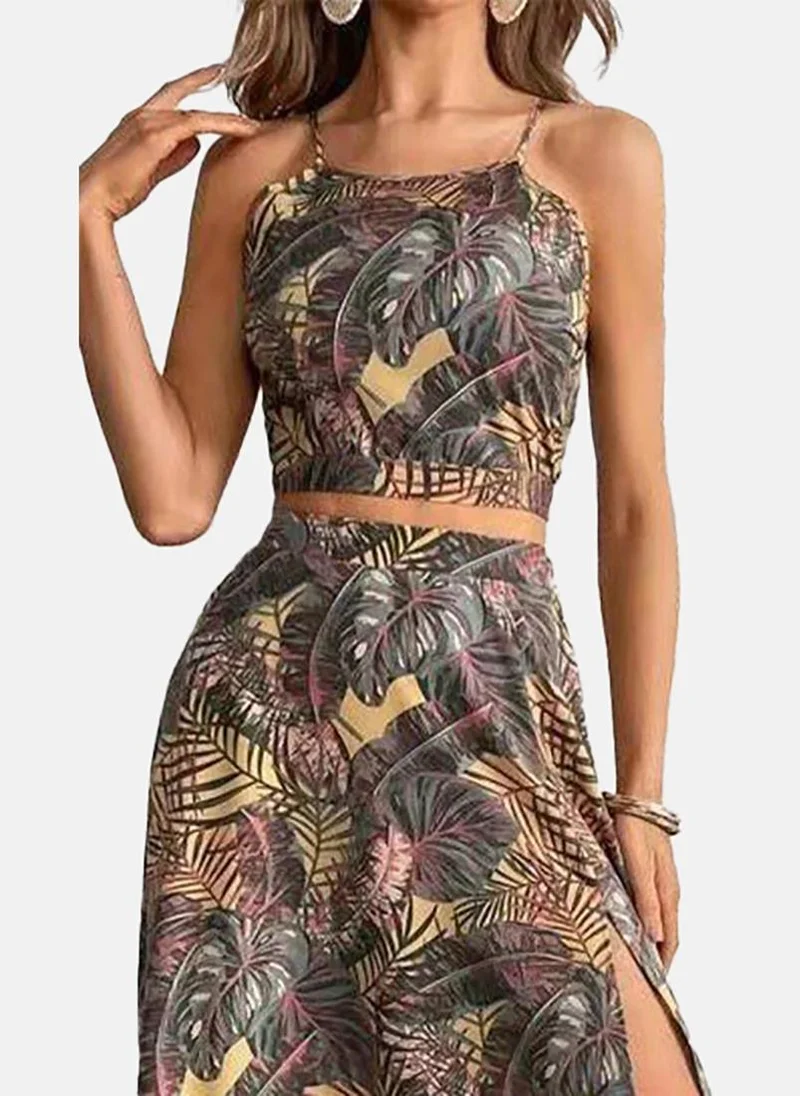 YUNIQEE Brown Flared Printed Boat Neck Sleeveless Dress