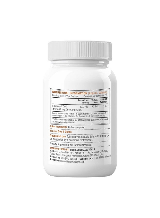 Biotrex Nutraceuticals Biotrex Nutraceuticals Zinc Citrate Supplement - 60 Veg Capsules, Healthy Immunity, Supports Skin, Hair & Nails Health - Image 2