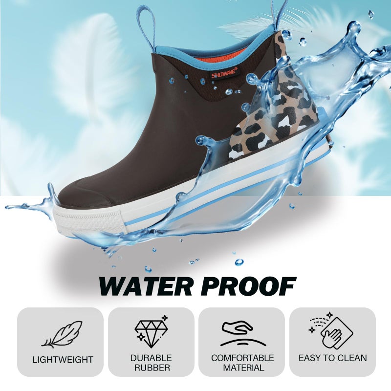 Showave Women's 6 Inch Ankle Deck Boots Waterproof Rain Footwear Rubber Mud Boots for Fishing Gardening Farming, Cheetah Print,Size 8 - Image 4