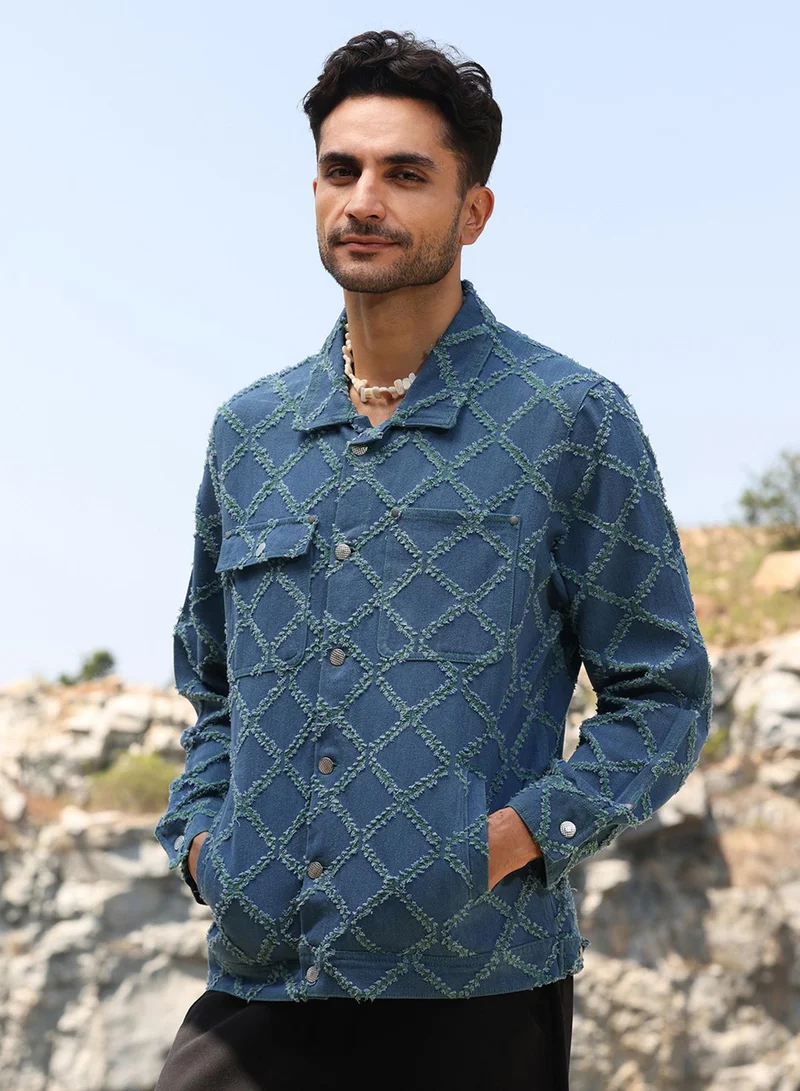 كامبوس سوترا جاكيت جينز أزرق رجالي بتصميم متقاطع للملابس الكاجوال بياقة عادية وأكمام طويلة وإغلاق بأزرار ومقاس مريح للاستخدام اليومي