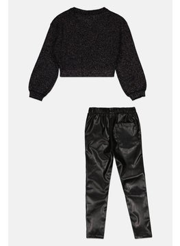 MISS Kids Girl 2 Pcs Metallic Cardigans And Leather Pants, Black  - Image 2