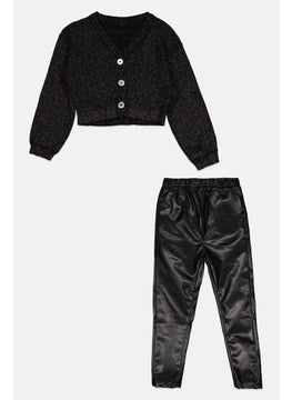 MISS Kids Girl 2 Pcs Metallic Cardigans And Leather Pants, Black  - Image 1