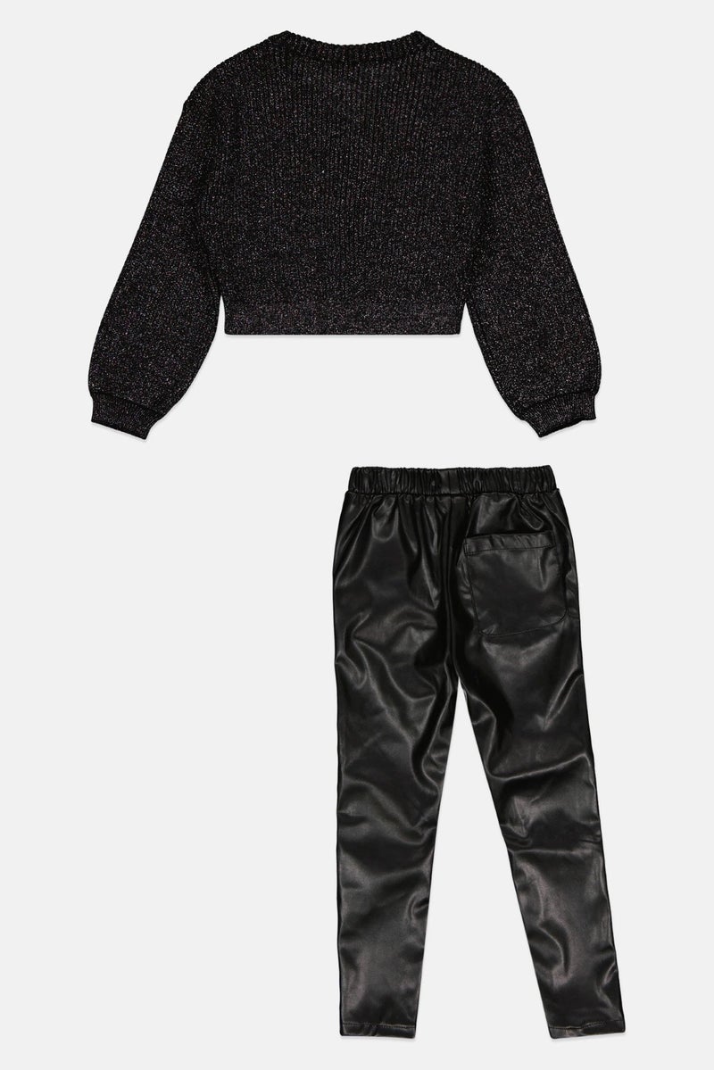 MISS Kids Girl 2 Pcs Metallic Cardigans And Leather Pants, Black - Image 3