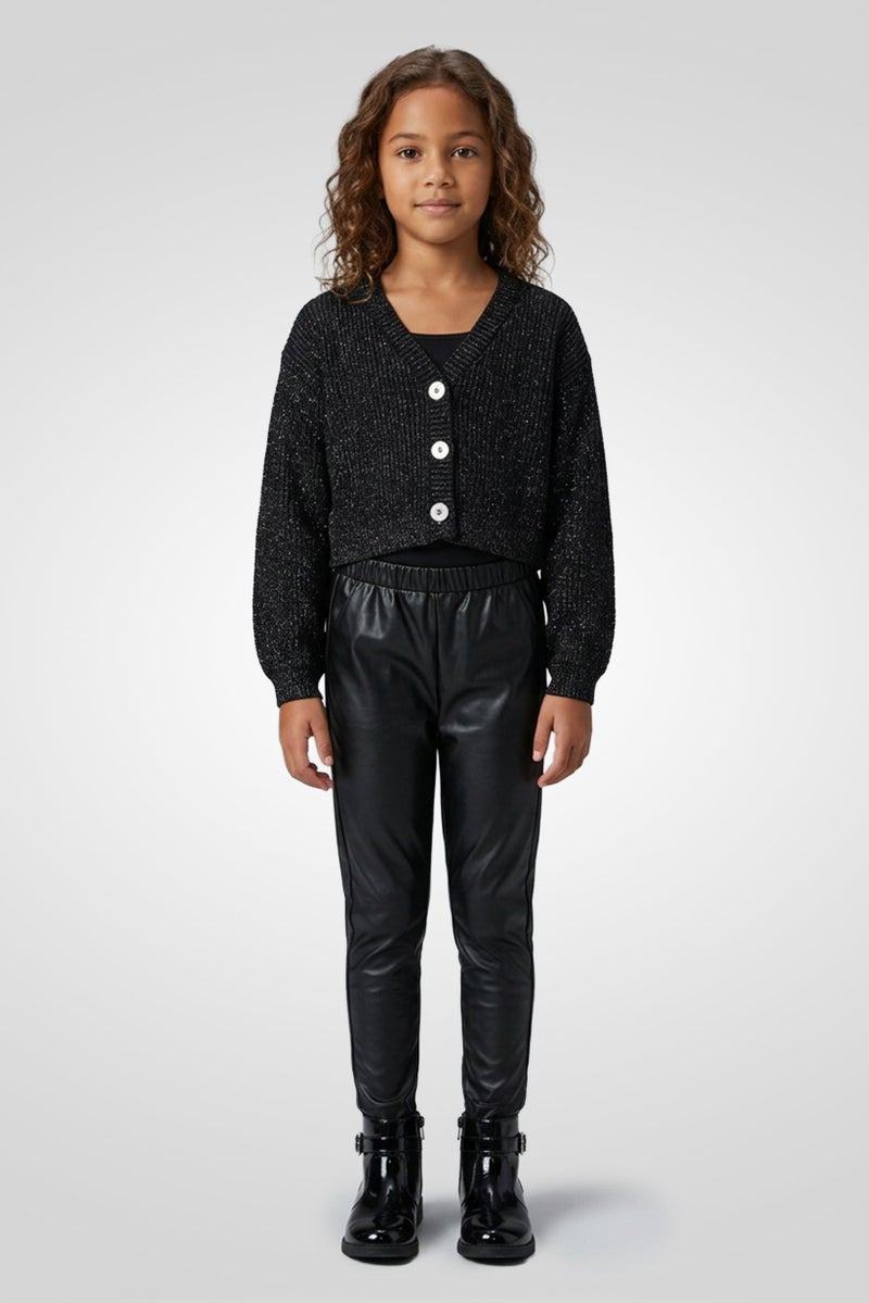 MISS Kids Girl 2 Pcs Metallic Cardigans And Leather Pants, Black - Image 1