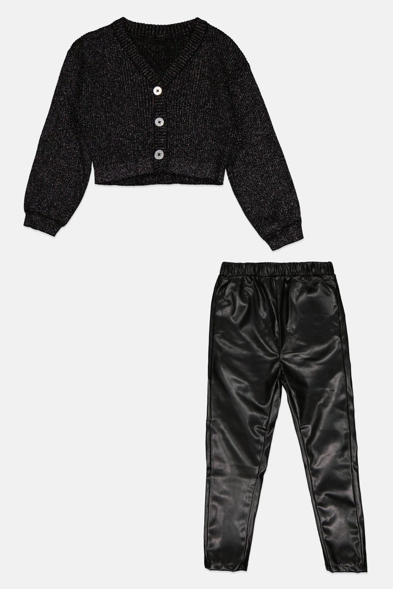 MISS Kids Girl 2 Pcs Metallic Cardigans And Leather Pants, Black - Image 2