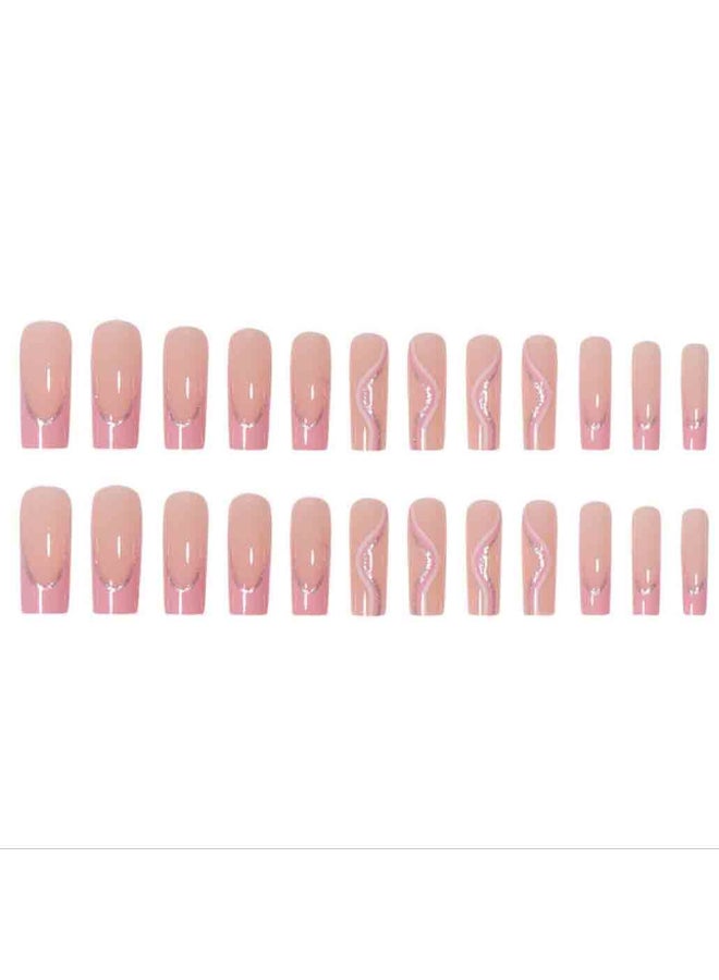 Foccna Pink Press on Nails Long Swirls French Fake Nails Square Bling Glossy False Nail Tips Artificial Nails Finger Manicure for Women and Girls24pcs - Image 4