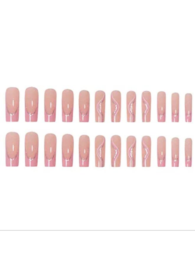 Foccna Pink Press on Nails Long Swirls French Fake Nails Square Bling Glossy False Nail Tips Artificial Nails Finger Manicure for Women and Girls24pcs - Image 3