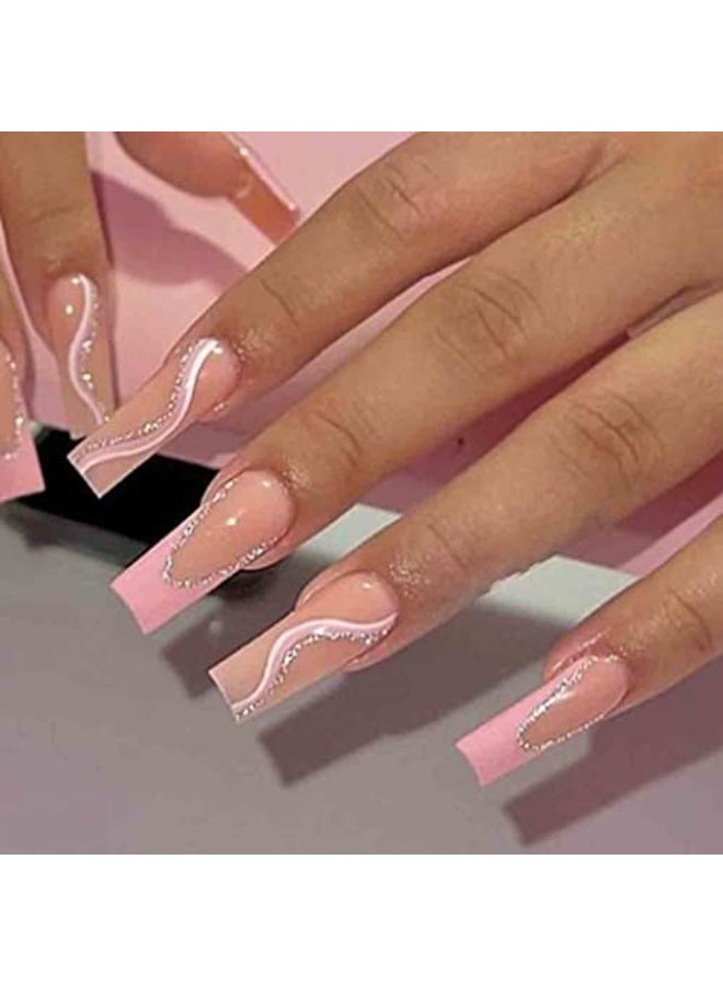 Foccna Pink Press on Nails Long Swirls French Fake Nails Square Bling Glossy False Nail Tips Artificial Nails Finger Manicure for Women and Girls24pcs - Image 1