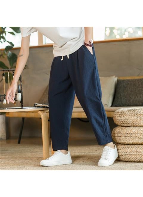 Generic - Mens Summer Cotton Linen Casual Pants, Loose Fit Chinese Style Trousers Creamy-white - Image 1