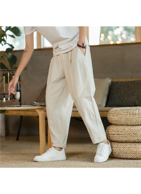 Generic - Mens Summer Cotton Linen Casual Pants, Loose Fit Chinese Style Trousers Creamy-white - Image 1
