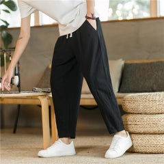Generic Mens Summer Cotton Linen Casual Pants, Loose Fit Chinese Style Trousers Creamy-white  - Image 5