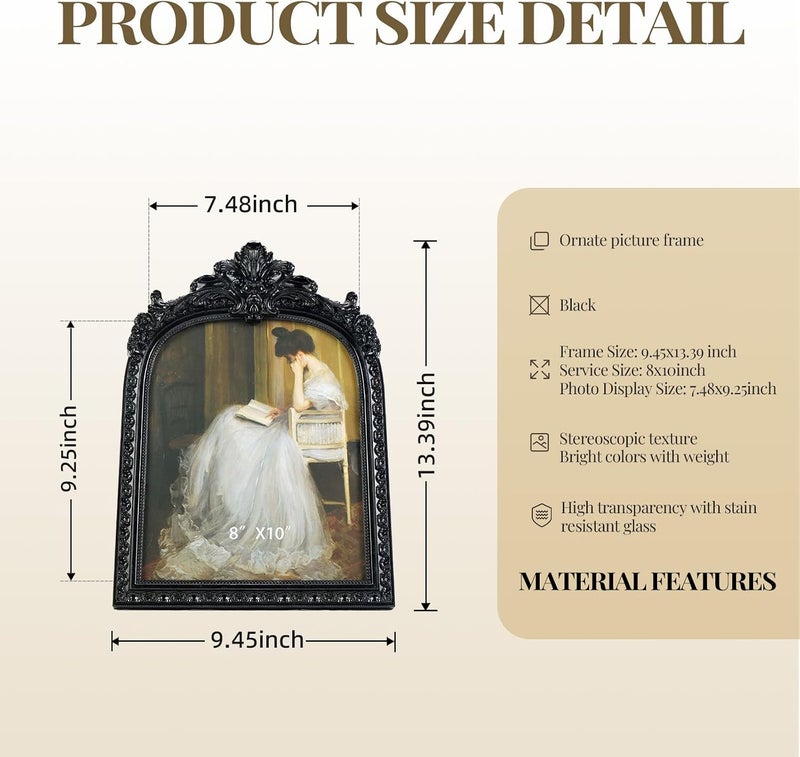 Cuspin 8x10 Black Picture Frame Vintage Frames, Ornate Arched Resin Photo Frame with Real Glass Front, Antique Gothic Picture Frame for Tabletop Display or Wall Hanging, Decorative Home Decor - Image 4
