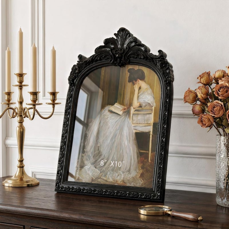 Cuspin 8x10 Black Picture Frame Vintage Frames, Ornate Arched Resin Photo Frame with Real Glass Front, Antique Gothic Picture Frame for Tabletop Display or Wall Hanging, Decorative Home Decor - Image 2