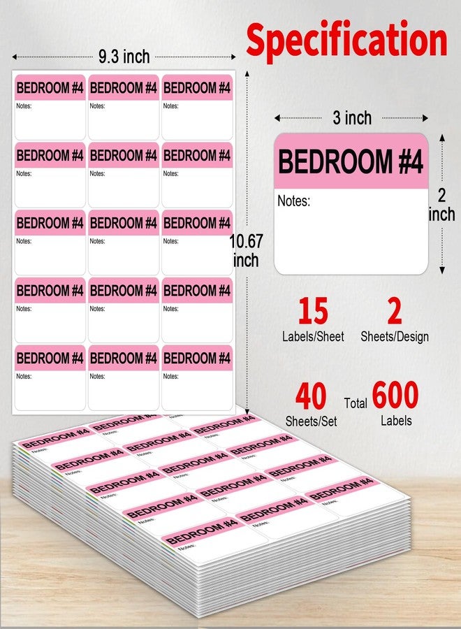 Misofuki Color Coded Moving Labels - 4 Bedroom & 4 Bathroom Labels, 600 Pcs 3"x2" Stickers - Image 2
