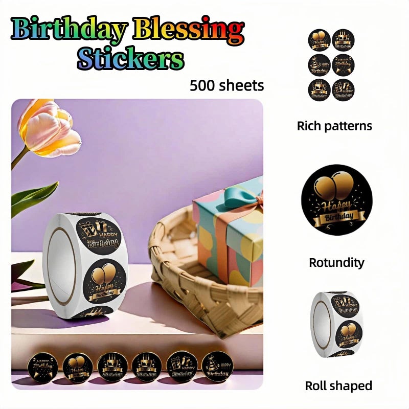 FANBODTA 500 قطعة من ملصقات عيد الميلاد السعيد مقاس 1 بوصة مستديرة مضادة للماء - ديكور حفلات كرتونية ملونة للأطفال والكبار علبة هدايا وبطاقات كيك (6 تصميمات) (ذهبي أسود) - Image 2