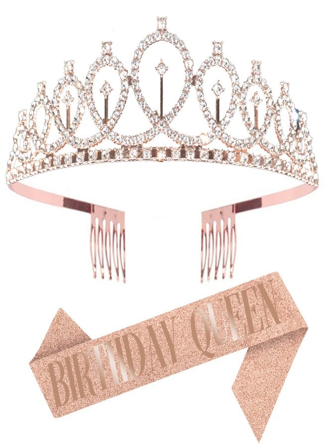 ZOCONE 2 Pack Crystal Rhinestone Bridal Tiara & Birthday Queen Sash , Wedding Crown for Women Flower Girls Birthday Headband Princess Crowns with Comb (Rose Gold) - Image 1