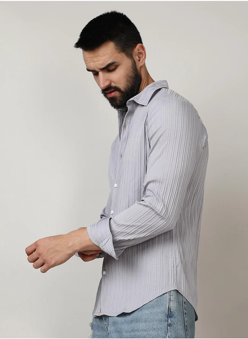 Campus Sutra Men's Moon Grey Self-Design Striped Shirt