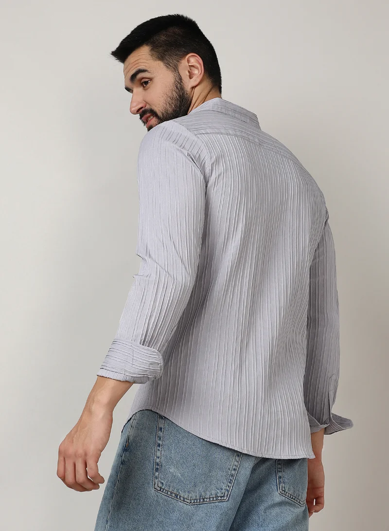 Campus Sutra Men's Moon Grey Self-Design Striped Shirt