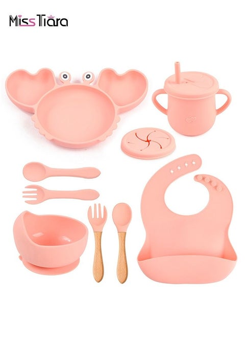Baby Feeding Set,Silicone Baby Tableware Set Toddler Divider Plate & Bowl with Suction, BPA Free Baby Tableware Set with Adjustable Soft Silicone Bib & Utensils