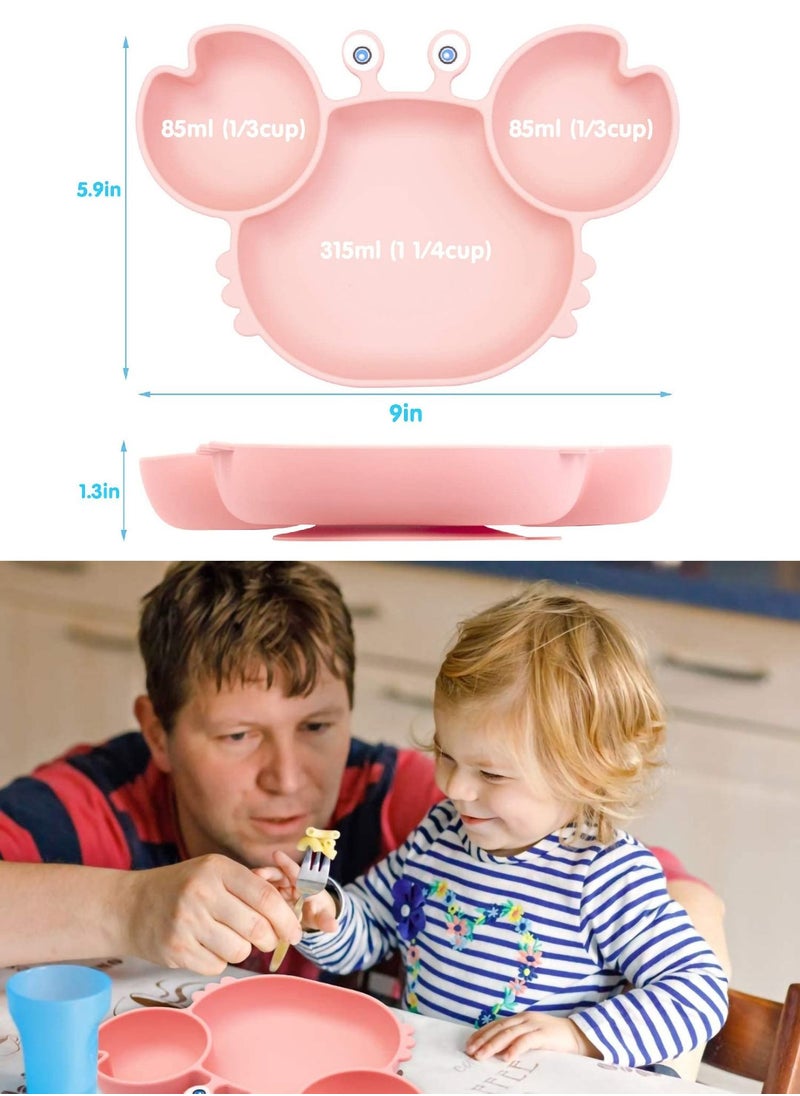 Baby Feeding Set,Silicone Baby Tableware Set Toddler Divider Plate & Bowl with Suction, BPA Free Baby Tableware Set with Adjustable Soft Silicone Bib & Utensils