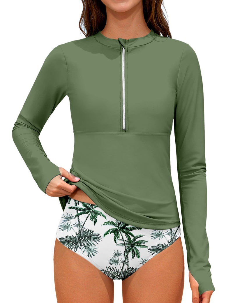 ADIFUN Girls Swimsuits Size 10-12 Half-Zip Long Sleeve Modest Teen Girl Rash Guard Bathing Suits with Chest Padding Two Piece Swimwear Set UPF 50+ Green Leaf - Image 1