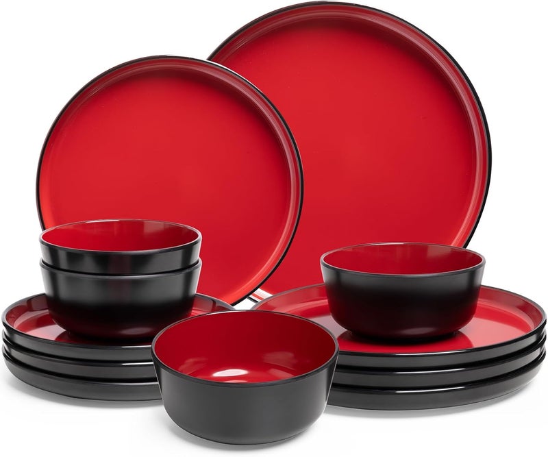 ZAROCRUS 12piece Dinnerware Sets Service for 4  Dinner Plate Dessert Plates Cereal Bowls Lightweight Melamine Plates and Bowls Sets RV Kitchen Dishes for Outdoor Use Red and Black - Image 1