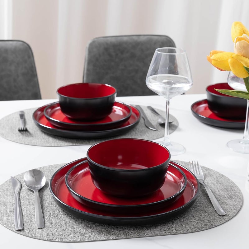 ZAROCRUS 12piece Dinnerware Sets Service for 4  Dinner Plate Dessert Plates Cereal Bowls Lightweight Melamine Plates and Bowls Sets RV Kitchen Dishes for Outdoor Use Red and Black - Image 5