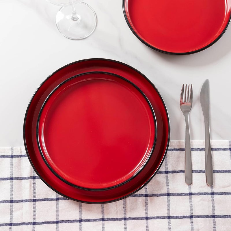 ZAROCRUS 12piece Dinnerware Sets Service for 4  Dinner Plate Dessert Plates Cereal Bowls Lightweight Melamine Plates and Bowls Sets RV Kitchen Dishes for Outdoor Use Red and Black - Image 4
