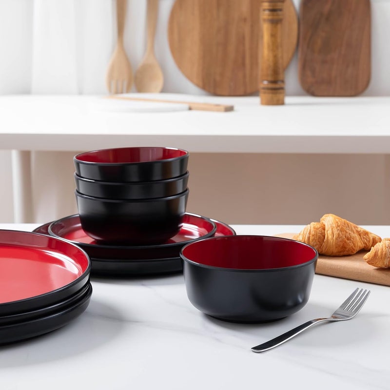 ZAROCRUS 12piece Dinnerware Sets Service for 4  Dinner Plate Dessert Plates Cereal Bowls Lightweight Melamine Plates and Bowls Sets RV Kitchen Dishes for Outdoor Use Red and Black - Image 3