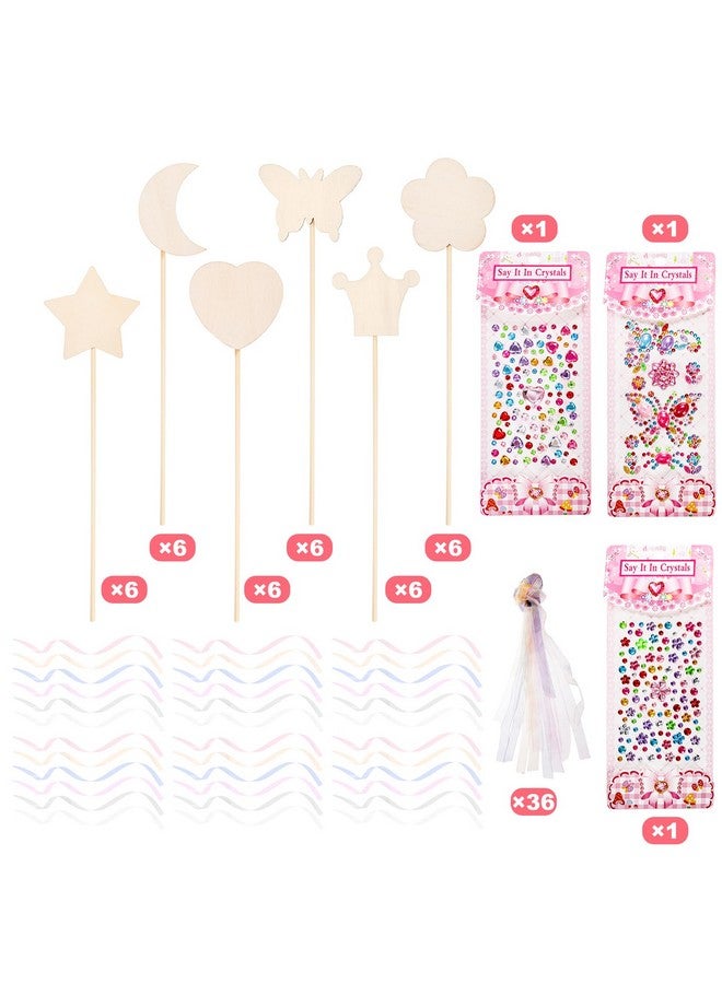 Frcctre 36 Pieces Princess Fairy Wands Kit Make Your Own Princess Wand Diy Art Craft Magical Wand Include 36 Pcs 6 Styles Unfinished Wooden Princess Wand 36 Pcs Ribbons 3 Pcs Gem Stickers - Image 3